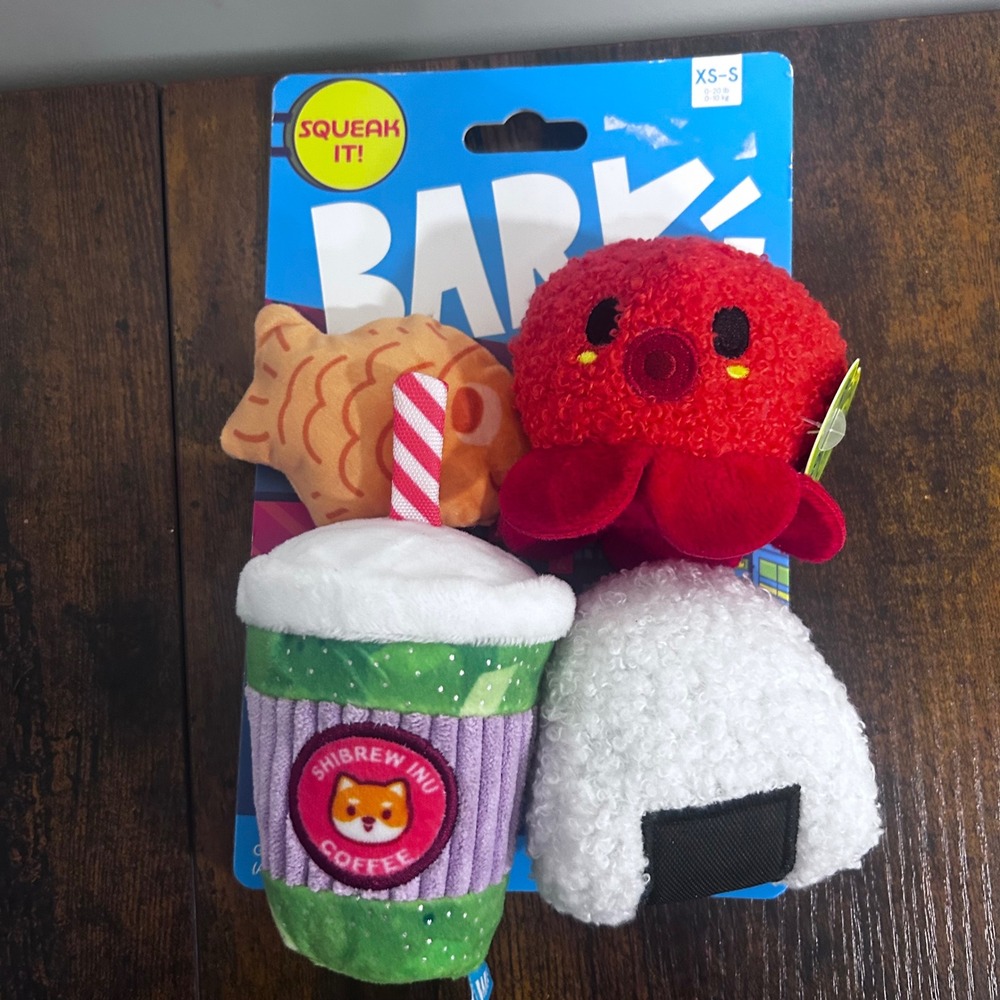 BarkBox Tokyo Dogstication 4 Pack Squeaky Dog Toys XS-S Shibrew Inu Coffee Toy